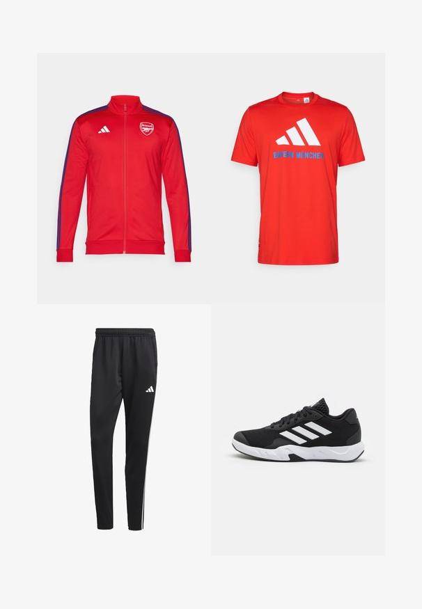 Rdeča zip-up jakna z visokim ovratnikom; ima modre stranske proge in belo logo Arsenal na prsih. Narejena iz gladkega, lahkega materiala.; Rdeča bombažna majica z belim logotipom s tremi črtami in napisom "BAYERN MÜNCHEN" v modri barvi. Okrogla ovratnika in kratkimi rokavi, preprost dizajn.; Črne atletske hlače z raztegljivim pasom, belimi stranskimi črtami in majhnim belim logotipom na stegnu. Narejene so iz gladkega, lahkega materiala.; Črne atletske čevlje z strukturiranim mrežastim zgornjim delom, belimi poudarnimi črtami, oblazinjenim podplatom in ojačanim petnim delom za podporo.