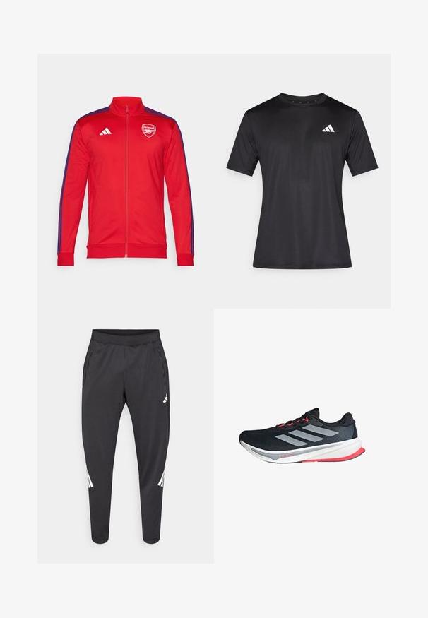 Red zip-up jacket with high collar; features blue side stripes and a white Arsenal logo on the chest. Made of smooth, lightweight material.; Black athletic t-shirt made of lightweight mesh fabric, featuring short sleeves and a white logo on the left chest area.; Black athletic pants with tapered legs, elastic waistband, side pockets, and white logo and stripes detailing. Made from a smooth, lightweight material.; Black running shoe with silver stripes, pink accents, breathable mesh upper, cushioned white sole, and sleek design for comfort and performance.