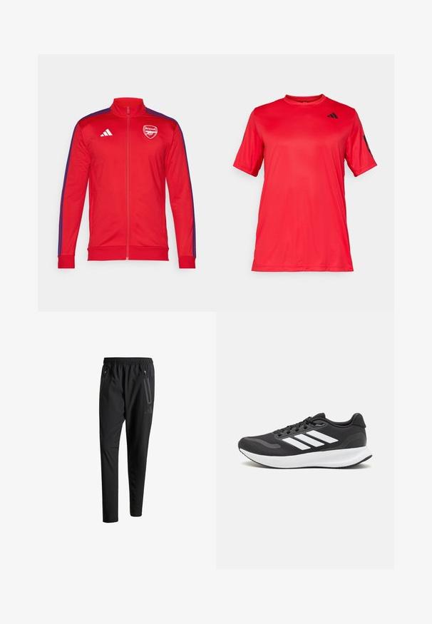 Casaco vermelho com fecho zip, de gola alta; apresenta riscas laterais azuis e um logo branco do Arsenal no peito. Feito de um material liso e leve.; Camisola atlética curta de manga vermelha com decote redondo, feita de um tecido leve e suave; apresenta um logo preto no peito e nas mangas.; Calças de treino pretas com uma cintura elástica, dois bolsos laterais com fecho, pernas ajustadas e um discreto detalhe de logotipo no quadril.; Shoe de atletismo preto com parte superior em malha respirável, detalhes brancos e sola almofadada. Apresenta o logotipo das três riscas na lateral.