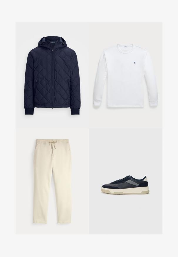 Tamsiai mėlyna siūta striukė su kapišonu, su priekiu užtraukiama užtrauktuku, dviem šoniniais kišenėmis ir guminiu kanteliu rankogaliuose, kad užtikrintų papildomą patogumą ir šilumą.; Ilgų rankovių baltas T-shirt, pagamintas iš medvilnės, turi apykaklę ir mažą tamsiai mėlyną logotipą kairėje krūtinės pusėje. Sklandus tekstūros, paprastas dizainas.; Oficialiai balti kasdieniniai kelnės su elastiniu juosmeniu ir raišteliu, tiesiomis kojomis ir šoninėmis kišenėmis prieš paprastą foną.; BOSS BALTIMORE - Sportbačiai - open blue