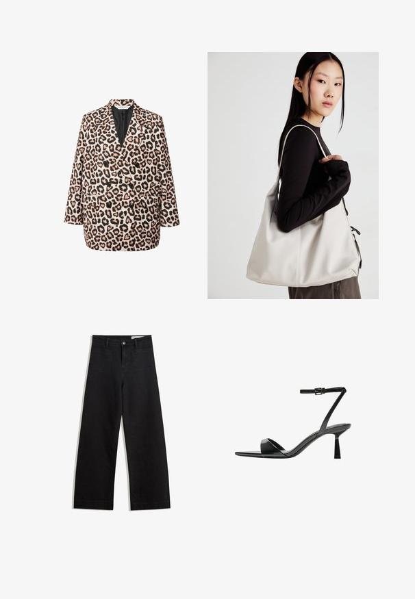 Tweekleurige blazer met een luipaardprint en een zwarte voering; voorzien van vier zwarte knopen, twee voorzakken en een comfortabele pasvorm.; Set van twee longsleeve tops in wit en zwart. Geribbelde textuur, ronde hals, aansluitend ontwerp met licht uitlopende mouwen.; Zwarte denim broek met wijde pijpen en een hoge taille, voorzien van voor- en achterzakken, gestikte naden en een knoopsluiting. Gladde textuur.; Bershka Sandalen met hoge hak - black; Beige handtas gemaakt van zacht materiaal, met een slonzig ontwerp, gestikte details en twee schouderbanden. Geschikt voor dagelijks gebruik.