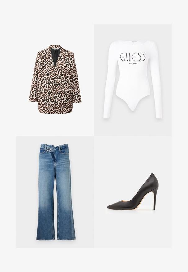 Leopard print double-breasted blazer with a black lining; features four black buttons, two front pockets, and a relaxed fit.; White long-sleeve bodysuit with a round neckline. Features "GUESS" logo and "EST.1981" printed in black on the front. Smooth texture.; Light blue denim flared jeans with a high waist, featuring two buttons and front pockets. Fabric has a faded texture with subtle variations.; Black leather high-heeled pump with a pointed toe and smooth texture, featuring a slender heel and minimalistic design.