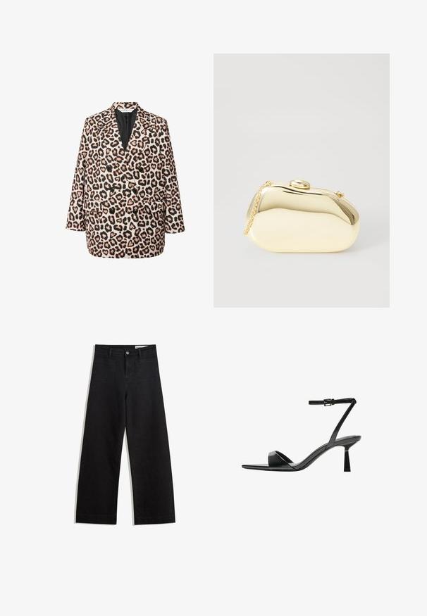 Leopardenmuster Doppelreiher-Blazer mit schwarzem Futter; ausgestattet mit vier schwarzen Knöpfen, zwei Fronttaschen und einer lässigen Passform.; Weißes Baumwoll-T-Shirt mit rundem Ausschnitt, kurzen Ärmeln und tailliertem Schnitt. Glatte Textur ohne Muster oder Verzierungen.; Schwarze weit geschnittene Jeans mit hoher Taille, ausgestattet mit Vorder- und Hintertaschen, gesteppten Nähten und einem Knopfverschluss. Glatte Textur.; Bershka High Heel Sandalette - black; Metallisch goldene Clutch mit einer glatten, abgerundeten Form, ausgestattet mit einem oberen Druckknopfverschluss und einem kleinen Kettenriemen zum Tragen.