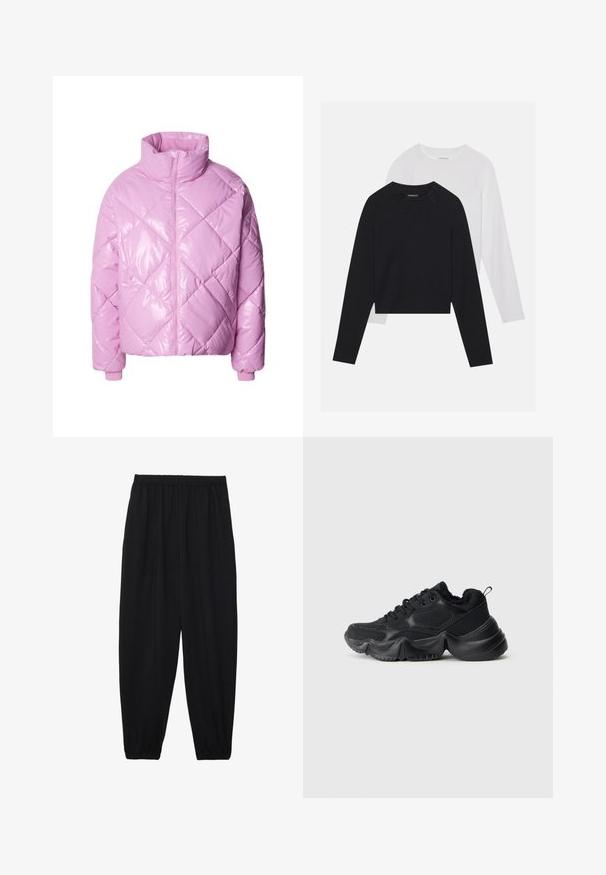 Polstret jakke i skinnende lys rosa med diamantquiltet mønster, høy krage og glidelås. Ribbestrikkede mansjetter fullfører designet.; To lange ermerte skjorter: en svart og en hvit. Begge har rund hals, raglanermer og er laget av en myk bomullsblanding.; Svarte, lette bukser med elastisk liv og rynkede ankler. Stoffet er glatt og har en avslappet, innsvingt design.; Svart sneakers med en blanding av glatte og teksturerte materialer, tykke såler, rund form og dekorativ søm. Har en myk, plysj krage.