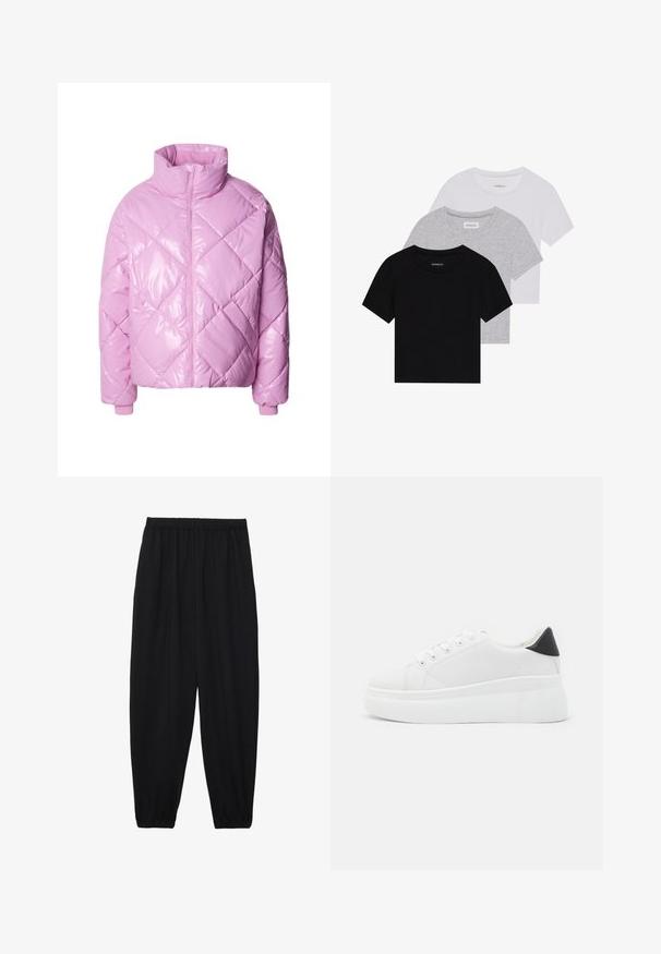 Nadela jakna v sijoči svetlo roza barvi z diamantskim quilt vzorcem, visokim ovratnikom in zadrgo. Ribošasti manšeti dopolnjujeta dizajn.; Komplet treh majic s kratkimi rokavi v črni, sivi in beli barvi. Izdelane iz bombaža, z okroglim izrezom in preprostim, enobarvnim dizajnom.; Črne, lahke hlače z elastičnim pasom in nabranimi gležnji. Tkanina je gladka in ima sproščen, taperiran dizajn.; Bele platform tenisice izdelane iz gladkega sintetičnega materiala, z zaobljenim prstom, sistemom vezalk in teksturiranim gumijastim podplatom. Črn dodatek na peti.