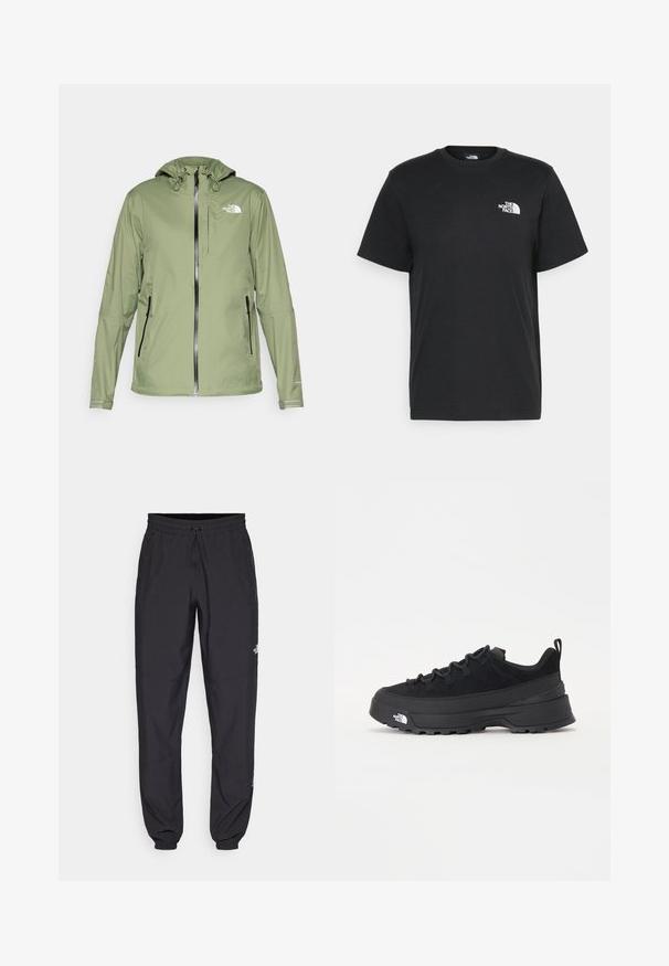 Lett grønn vanntett jakke med hette, glidelås foran og to sidelommer. Har reflekterende detaljer og en logo på brystet.; Svart bomull t-skjorte med korte ermer, rund hals og en liten hvit logo på venstre bryst. Enkel design, glatt tekstur og avslappet passform.; Sorte idrettsbukser laget av lett stoff, med snor i livet, sidelommer og smale mansjetter ved anklene.; Svart utendørs sneakers med overdel i semsket skinn, teksturert gummisåle og solid snøresystem. Har forsterket hæl og merkevarelogo på siden.