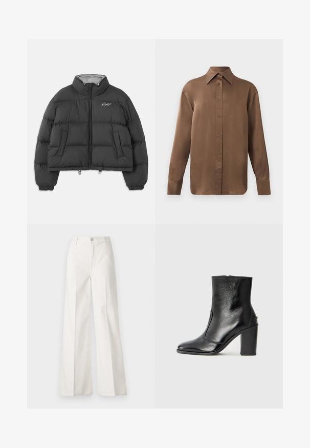 Μαύρο κοντό μπουφάν puffer με ψηλό γιακά, μπροστινό φερμουάρ, πλάγιες τσέπες, ελαστικές μανσέτες και λευκή κεντημένη υπογραφή στο αριστερό μέρος του στήθους.; Καφέ μακρυμάνικο πουκάμισο με κουμπιά και μυτερό γιακά και μανσέτες, τοποθετημένο σε λευκό φόντο.; Λευκά παντελόνια σε φαρδιά γραμμή, κατασκευασμένα από βαμβάκι με λεία υφή. Διαθέτουν μπροστινό κουμπί, φερμουάρ και τέσσερις τσέπες.; Μαύρο δερμάτινο μποτάκι έως τον αστράγαλο με απλή υφή, μυτερή μύτη και χοντρό ψηλό τακούνι. Διαθέτει πλαϊνό άνοιγμα και μινιμαλιστικό σχέδιο.