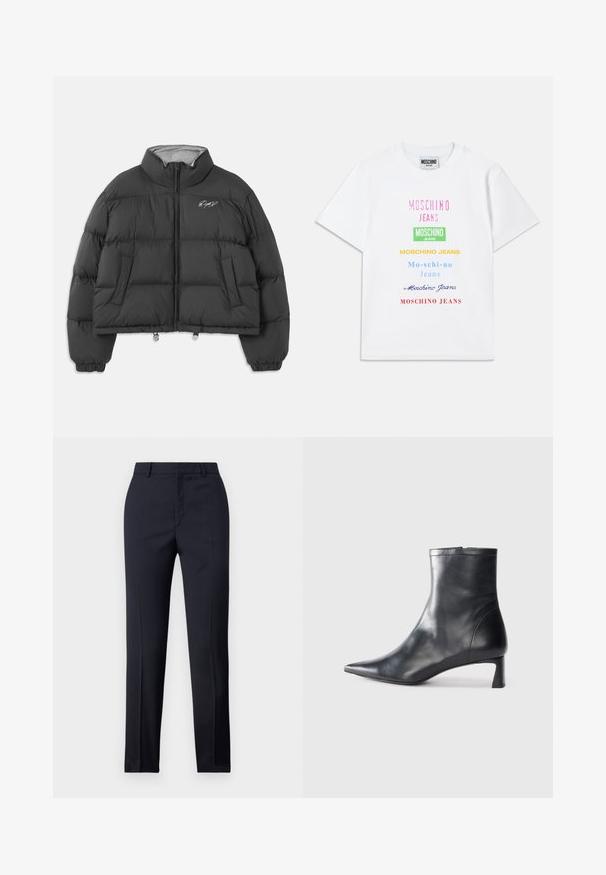 Črne skrajšane puhastke z visokim ovratnikom, sprednjim zadrgo, stranskimi žepi, elastičnimi manžetami in belim vezenim podpisom na levem prsnem delu.; Bela bombažna majica s številnimi logotipi v roza, zeleni, rumeni, modri in rdeči barvi, razporejeni vertikalno na sprednji strani.; Zadnje hlače v mornarično modri barvi s ravnim krojem, ki imajo gladko teksturo, dve sprednji žepki in čisto pasnico.; Črne usnjene gležnjarje s šiljastim nosom in elegantnim dizajnom. Imajo nizko peto in zadrgo na zadnji strani. Gladka tekstura.