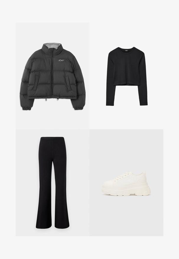 Czarna krótka puchówka z wysokim kołnierzem, przednim zamkiem, bocznymi kieszeniami, elastycznymi mankietami i białym haftowanym logo po lewej stronie klatki piersiowej.; Czarny krótki top z długim rękawem, okrągłym dekoltem, gładkim wzorem i lekko zaokrąglonym dołem.; Czarne spodnie flare o szerokim kroju nogawki, elastycznym pasie i gładkiej fakturze. Brak widocznych wzorów lub detali metalowych.; Białe płócienne trampki z grubą podeszwą, okrągłym noskiem i pięcioma oczkami na sznurowadła. Tylny uchwyt ułatwiający zakładanie. Gładka faktura, minimalistyczny design.