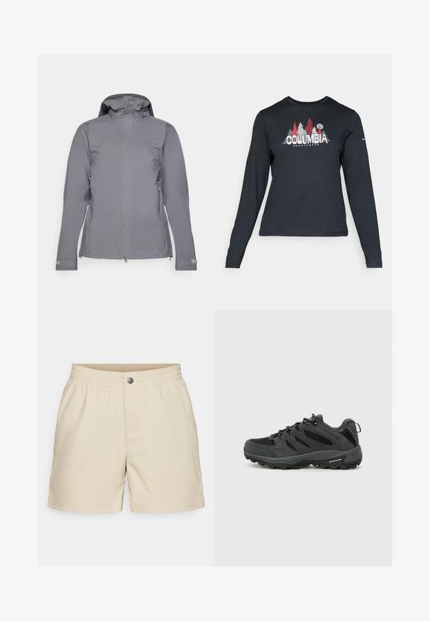 Veste imperméable grise avec capuche, fermeture éclair frontale sur toute la longueur et deux poches latérales zippées ; texture lisse et poignets ajustables.; Chemise à manches longues gris foncé avec un motif d'arbres rouges et de montagnes ; logo "COLUMBIA" en lettres blanches en gras. Tissu doux, col rond standard.; Shorts beiges en tissu léger, avec une taille élastique, des poches avant et une fermeture à pression unique, avec une texture lisse.; Columbia REDMOND - Chaussures de marche - black/citron haze