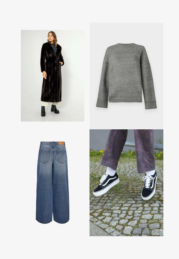 Dlouhý černý kabát z umělé kožešiny se širokým límcem, třemi knoflíky a bočními kapsami. Nosený s botami na širokém podpatku a krémovými kalhotami. Hladká textura.; Šedý pletený svetr s kulatým výstřihem, spadlými rameny a žebrovanými manžetami a spodním lemem. Hladká textura s jednobarevným provedením a minimálními detaily.; Kratší denimpantalony s širokými nohavicemi v modré barvě s vybledlým efektem, se dvěma zadními kapsami a hnědou koženou značkovou visačkou na pase.; Černé semišové tenisky s bílými akcenty, s zaoblenou špičkou, silnou bílou podrážkou a klasickým šněrovacím designem, nošeny s bílými ponožkami a fialovými kalhotami.
