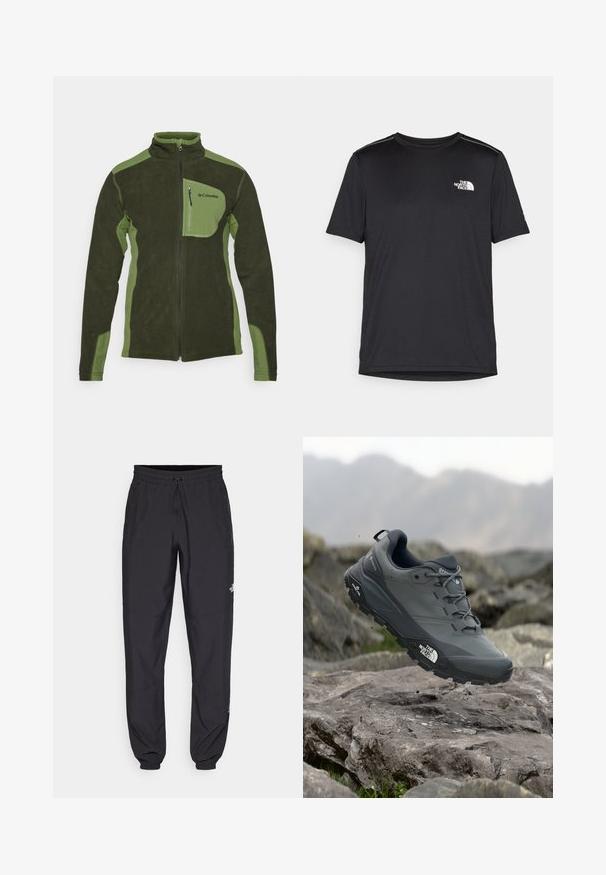 Columbia KLAMATH RANGE™ FULL ZIP - Jakna iz flisa - greenscape/canteen; Črna kratkosleevena majica iz lahkotnega materiala. Ima majhen bel logo na levem prsnem delu in diskretne poudarke na ramenskem predelu.; Črne atletske hlače iz lahkega materiala, ki imajo elastični pas z vezalko, stranske žepe in zožene manšete na gležnjih.; Sive teka za trail tek, z teksturirano zgornjimi deli, trpežnim gumijastim podplatom in ojačanim kapico za prste. Ima vezi in logotip blagovne znamke na strani.