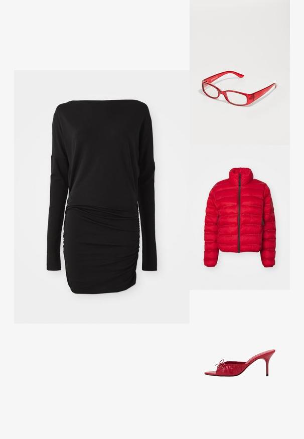 Rode pufferjas met een hoge kraag, een voorkruiip en zijzakken. Beschikt over een gewatteerd patroon en een cropped ontwerp. Gladde nylon buitenkant.; Zwarte jurk met lange mouwen, gemaakt van zachte stof, met een bootneck en geplooide zijkanten, wat zorgt voor een slanke silhouet.; Rode leren open teen sliders met een verzameld, geplooid ontwerp en een decoratieve strik. Heeft een stiletto hak en een gladde afwerking.; Rode plastic bril met een rechthoekig montuur, heldere glazen en slanke pootjes. Het merkembleem "even&odd" is op de poot geperst.