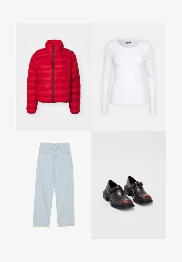 Giacca a vento rossa con colletto alto, zip frontale e tasche laterali. Presenta un motivo trapuntato e un design cropped. Esterno in nylon liscio.; Top a maniche lunghe bianco con collo rotondo. Realizzato in un tessuto elasticizzato che si adatta al corpo. Presenta delle sottili righe orizzontali.; Jeans azzurri a gamba larga in denim, con vita media, cinque tasche e chiusura con bottone accompagnata da un sottile accento metallico.; Scarpe in pelle con tacco a blocco, dal lucido finish bordeaux scuro, dotate di cinturino con fibbia e punta arrotondata. Suola testurizzata per una migliore aderenza.