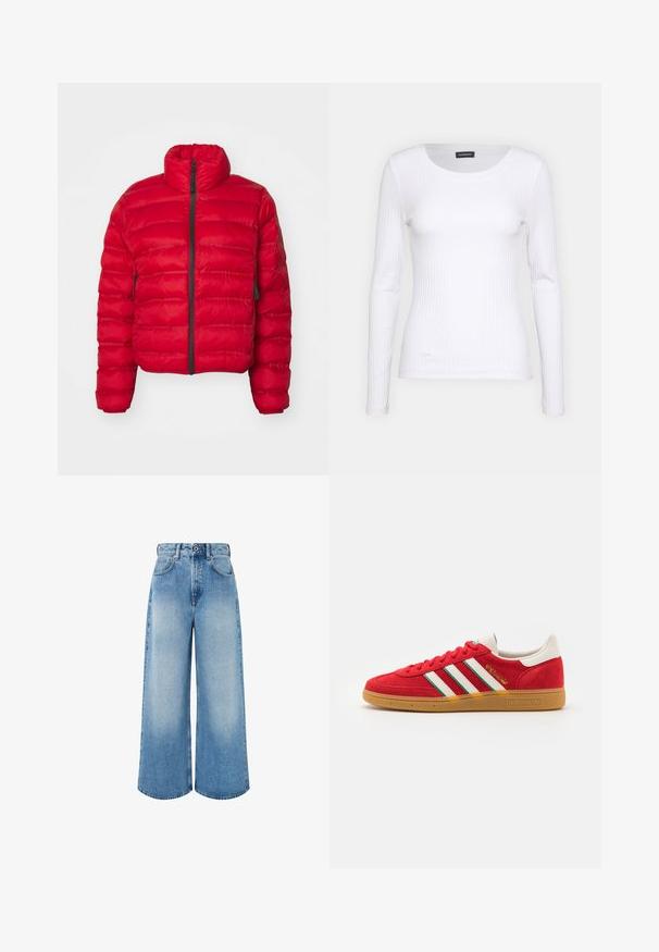 Giacca a vento rossa con colletto alto, zip frontale e tasche laterali. Presenta un motivo trapuntato e un design cropped. Esterno in nylon liscio.; Top a maniche lunghe bianco con collo rotondo. Realizzato in un tessuto elasticizzato che si adatta al corpo. Presenta delle sottili righe orizzontali.; Jeans a gamba larga di colore azzurro chiaro in denim, con vita alta, chiusura con bottone e leggera scoloritura con orli puliti.; adidas Originals HANDBALL SPEZIAL UNISEX - Sneakers basse - better scarlet/cloud white/green