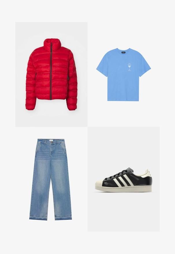 Rød dunjakke med høj krave, frontlynlås og sidelommer. Har et quilted mønster og en cropped design. Glat nylon yderside.; Lyseblå bomulds t-shirt med rund halsudskæring. Har en hvid grafik af et palmetræ og tekst på venstre brystområde. Korte ærmer.; Lyseblå højtaljede wide-leg jeans med knaplukning, frontlommer, bæltestropper og diskret falmet detaljer.; Sort lædersneakers med hvide striber, gummitåkap, sorte snørebånd og en cremefarvet ydersål. Glat tekstur med blank overflade.