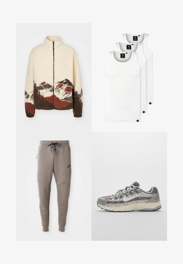 Jack & Jones JORMOUNTAIN  beżowy; Trzy białe prążkowane koszulki na ramiączkach wykonane z bawełny. Posiadają okrągły dekolt i małe czarne metki blisko dolnego brzegu. Dostępne w różnych rozmiarach.; Szare dresy Nike z elastycznym pasem ze sznurkowym zapięciem, zwężanymi nogawkami, bocznymi kieszeniami i wyraźnymi detalami szwów. Miękka, teksturowana tkanina.; Szare buty sportowe z siateczkowym i zamszowym wierzchem, białymi akcentami, amortyzowaną podeszwą oraz charakterystycznym designem z elementami odblaskowymi.