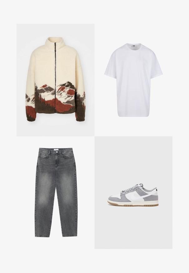 Jack & Jones JORMOUNTAIN ZIP JACKET - Übergangsjacke - ecru; Weiße Baumwoll-T-Shirt mit kurzen Ärmeln, rundem Ausschnitt, lockerer Passform und ohne sichtbare Logos oder Muster. Glatte Textur und minimalistisches Design.; Hoch taillierte, locker sitzende Jeans aus verwaschenem schwarzem Denim. Verfügt über fünf Taschen, Gürtelschlaufen und ein sauberes, gerades Bein-Design.; Graue und weiße Sneaker mit einem Obermaterial aus Wildleder und Leder, abgerundeter Spitze, flachen Schnürsenkeln und einer Gummisohle mit einem Kautschukakzent.