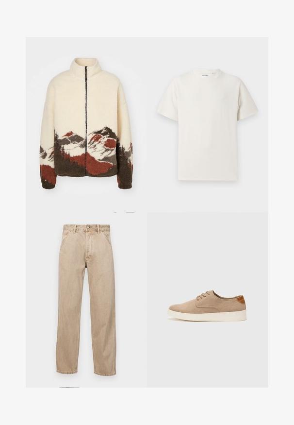 Jack & Jones JORMOUNTAIN ZIP JACKET - Light jacket - ecru; White short-sleeve T-shirt in a ribbed texture. Round neckline, relaxed fit, no visible patterns or accents. Simple and versatile design.; Beige denim jeans with a straight leg design, featuring front pockets, a metal button closure, and subtle texture.; Beige suede sneakers with a rounded toe, lace-up front, and a textured back accent. White rubber sole provides contrast. Simple and modern design.
