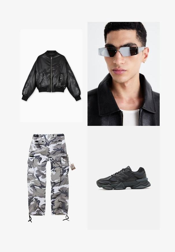 Jachetă bomber din piele neagră, cu manșete și tiv ribbate, închidere cu fermoar în față, două buzunare laterale și detalii în relief pe mâneci.; Hanorac negru cu un efect de degradé, având un buzunar frontal, glugă cu șnur reglabil și manșete și tiv din material elastic. Textură moale a țesăturii.; Pantaloni cargo camuflați în nuanțe de gri și alb, cu multiple buzunare și un șnur la manșete pentru o ajustare confortabilă.; Pantofari de alergare negri, cu un amestec de plasă și materiale sintetice, talpă masivă, design curbat și branding proeminent pe lateral.; Ochelari de soare unghiulari cu nuanță gri, cu accesorii argintii, pe un fundal deschis. Lentilele au o formă geometrică unică.