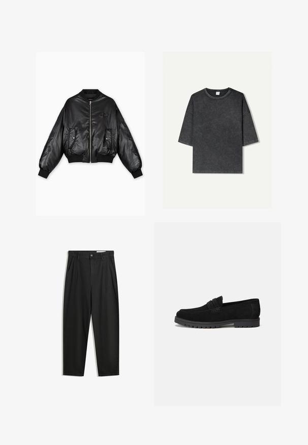 Giubbotto bomber in pelle nera con polsini e orlo a costine, chiusura frontale con zip, due tasche laterali e dettagli in rilievo sulle maniche.; Maglietta a maniche corte oversize di colore grigio scuro, realizzata in cotone. Presenta un collo rotondo e cuciture visibili lungo i bordi.; Pantaloni in cotone neri con una vestibilità rilassata, dotati di una vita classica, pieghe frontali e tasche laterali. Tessuto liscio senza fantasie.; Mocassini in suede nero con punta arrotondata e un accento cucito sulla parte anteriore. Suola in gomma con battistrada visibile per una maggiore aderenza.