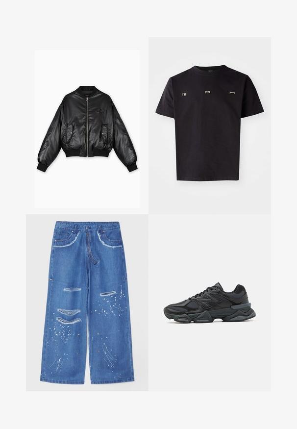 Black leather bomber jacket with ribbed cuffs and hem, front zip closure, two side pockets, and embossed detailing on sleeves.; Black cotton t-shirt with short sleeves, featuring minimalist white text "TE", "RR", and "F" on the front. Crew neckline, relaxed fit.; Wide-leg blue denim jeans featuring distressed details, paint splatter accents, five pockets, and a button-fly closure.; Black running shoe featuring a mix of mesh and synthetic materials, chunky sole, curved design, and prominent branding on the side.