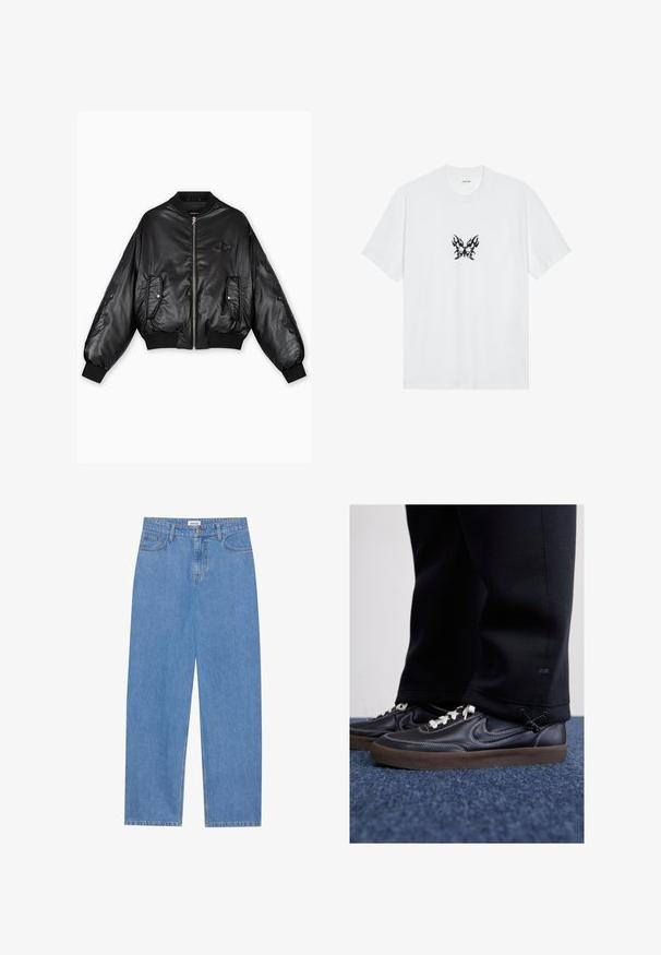 Juodas odinis bomber tipo švarkas su šonkaulinėmis rankovėmis ir apačia, priekyje užtrauktukas, dvi šoninės kišenės ir iškilios detalės ant rankovių.; Balta medvilninė marškinėliai su trumpomis rankovėmis ir apvalia iškirpte. Pavaizduota centrinė juoda ugnies raštuota drugelio grafika. Lygus paviršius.; Šviesiai mėlynos džinsinės kelnės su tiesiu kirpimu, penkių kišenių dizainu, vieno mygtuko užsegimu ir subtiliomis siuvimo detalėmis siūlėse.; Nike Sportswear KILLSHOT 2 LTR PRM OPP2 - Sportbačiai - black sail baroque brown mtlc dk grey
