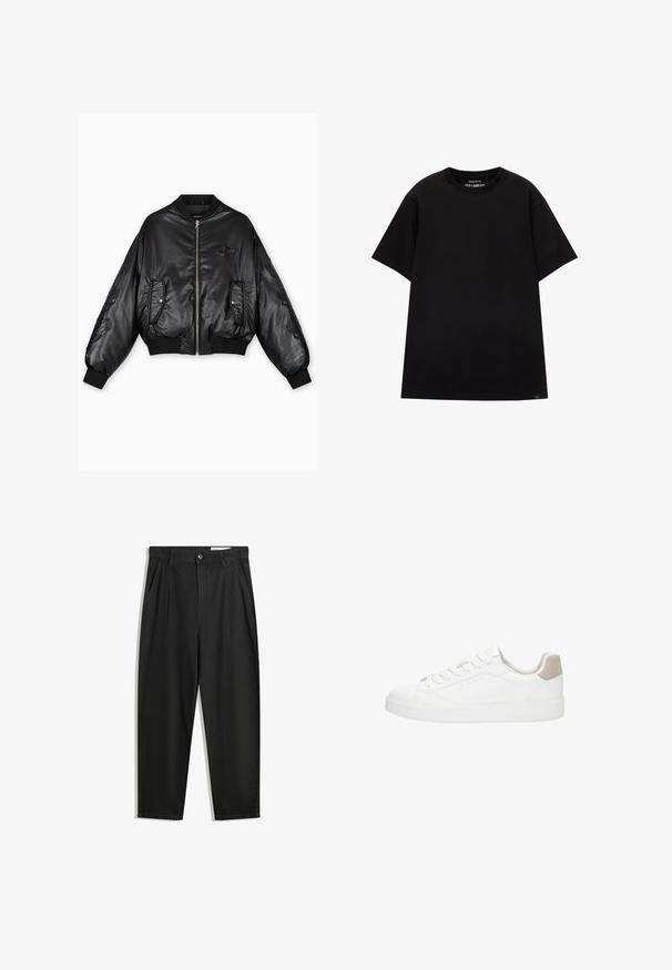 Crna kožna bomber jakna s rebrastim manžetama i rubom, prednjim patentnim zatvaračem, dva bočna džepa i utisnutim detaljima na rukavima.; PULL&BEAR JOIN LIFE - Osnovna majica kratkih rukava - black; Crne pamučne hlače s opuštenim krojem, s klasičnim pojasom, prednjim nabranjima i bočnim džepovima. Glatka tekstura bez uzoraka.; Bijele tenisice s glatkim kožnim gornjištem i okruglim vrhom. Imaju bež zamšastu petu, ravne vezice i bijeli gumeni potplat.