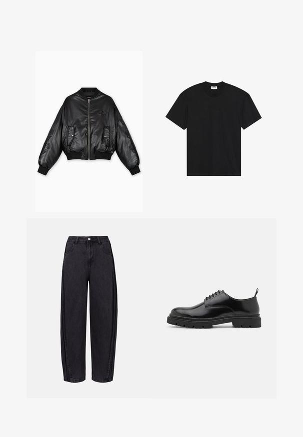Czarna skórzana kurtka bomber z prążkowanymi ściągaczami przy mankietach i u dołu, z zapięciem na zamek z przodu, dwiema bocznymi kieszeniami oraz tłoczonymi detalami na rękawach.; Czarna koszulka z krótkim rękawem wykonana z bawełny. Posiada klasyczny okrągły dekolt i luźny krój bez widocznych wzorów czy akcentów.; Czarne dżinsy z szerokimi nogawkami wykonane z gładkiego denimu. Posiadają wysoki stan, przednie kieszenie oraz zapięcie na guzik w pasie.; Czarne skórzane buty sznurowane z okrągłym noskiem, gładką teksturą i żłobioną gumową podeszwą. Posiadają mały obcas i pętlę z tyłu.