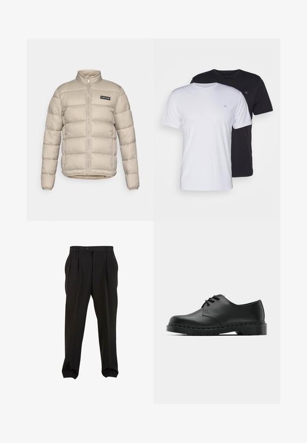 Šviesiai rudos spalvos siūlėta pūkinė striukė su visiškai užtraukiama priekiu, dviem užtrauktukais uždaromomis šoninėmis kišenėmis, stovinčiu apykakle ir Calvin Klein logotipu krūtinėje.; Du pfaldi medvilniniai marškiniai trumpomis rankovėmis, balti ir juodi, su apvaliais kaklais, turintys mažą logotipą ant krūtinės, glotnus paviršius.; Juodos kelnės su lygiu audiniu, turinčios priekines klostes, mygtukų juosmenį ir siaurėjančius kulkšnies audinius. Klasikinis pritaikytas siluetas.; Juodos odinės oksfordo bateliai su raištelių užsegimu, apvaliu pirštu, plokščiu guminiu padu ir subtiliu siuvimo akcentu viršuje.