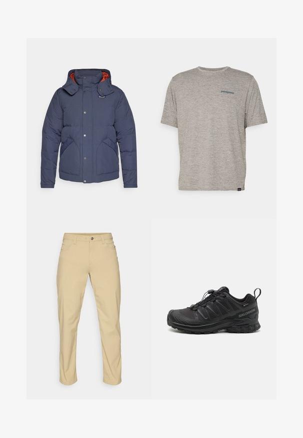 Patagonia DOWNDRIFT JACKET - Pūkinė striukė - smolder blue/burnished red; Pilkas trumpas rankovės marškinėliai, pagaminti iš minkštos, tekstūruotos medžiagos, ant kairiojo krūtinės puikuojasi mažas mėlynas Patagonia logotipas. Be papildomų raštų.; Patagonia QUANDARY PANTS - Lauko kelnės - classic tan; Juodas sportinis batas su tekstūruotu sintetiniu apvalkalu, paminkštintu padu ir greito užrišimo sistema. Yra sustiprinta nosis ir kulnas.