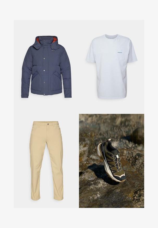 Patagonia DOWNDRIFT JACKET - Jachetă cu puf - smolder blue/burnished red; Tricou alb din bumbac cu mâneci scurte, guler rotund și un buzunar pe pieptul stâng, având un logo albastru "Patagonia". Croială clasică cu o textură netedă.; Patagonia QUANDARY PANTS - Pantaloni outdoor - classic tan; Ghete de drumeție în verde măsliniu și negru cu accente roz. Caracteristici: un material texturat în partea superioară, o talpă flexibilă, o vârful întărit și un sistem de șireturi colorate.