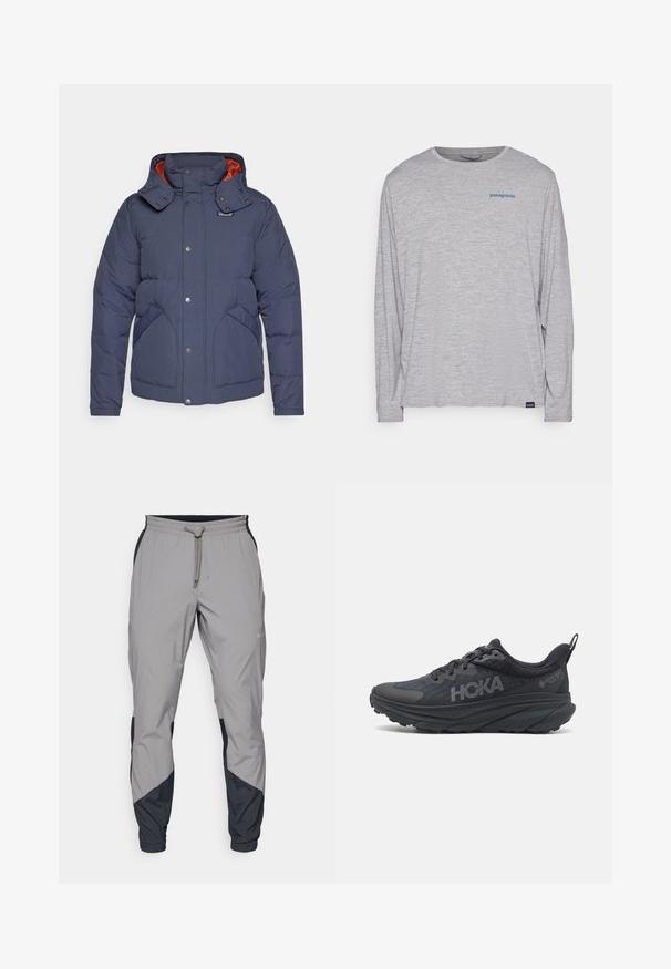 Patagonia DOWNDRIFT JACKET - Dūnu jaka - smolder blue/burnished red; Gaiši pelēks garām piedurknēm t-krekls, izgatavots no mīksta, teksturēta auduma. Ar apaļu izgriezumu un nelielu zilu Patagonia logotipu uz krūtīm.; Viegls, pelēks sporta bikses ar melniem akcentiem. Elastīga josta, ar auklu aizdare, sašaurināts kāju dizains un sānu kabatas.; Melns Hoka skriešanas apavi ar tīkla augšdaļu, strukturētām detaļām un biezu, amortizētu zoli ar sašaurinātiem maliem, lai nodrošinātu labāku atbalstu.