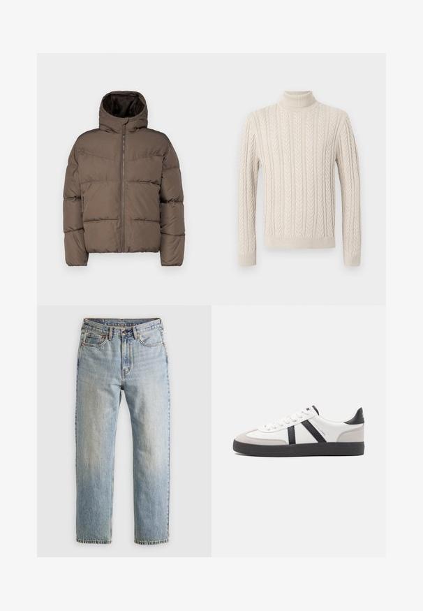 Brown puffer jacket with a high collar, zip front, and side pockets; features quilted sections and a soft inner lining.; Beige, knitted sweater with a high, ribbed turtleneck. Features a textured cable pattern and ribbed cuffs and hem, offering a cozy appearance.; Light blue denim jeans with high waist, front button, zipper, and five-pocket design, laid flat on a neutral background.; White sneaker with black and gray accents, featuring a textured gray toe cap, black rubber sole, and flat white laces. Clean design, minimalist style.