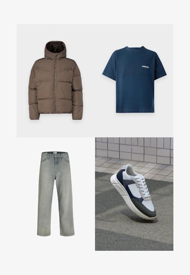 Jachetă puffer maro cu guler înalt, fermoar pe față și buzunare laterale; prezintă secțiuni matlasate și o căptușeală interioară moale.; Tricou din bumbac de culoare albastru marin, cu mâneci scurte și decolteu rotund. Prezentând un mic logo alb în zona stângă a pieptului. Textură moale.; Jeans decolorate, cu croială confortabilă, realizate din denim. Prezentă un design clasic cu cinci buzunare, bucle pentru curea și o siluetă dreaptă.; Tenisi albi, bleumarin și gri, cu un design din materiale mixte, având un superior texturat, șireturi plate și o talpă căptușită.