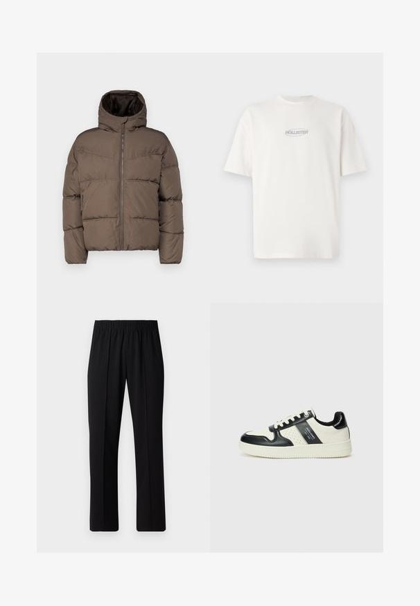 Hnedá pufovaná bunda s vysokým golierom, zipsom vpredu a bočnými vreckami; obsahuje prešívané sekcie a mäkkú vnútornú podšívku.; Biele bavlnené tričko s kulatým výstrihom a krátkymi rukávmi, so malým šedým logom "HOLLISTER" umiestneným na hrudi.; Čierne nohavice s elastickým pásom a rovnými nohavicami, majú hladkú textúru a žiadne viditeľné vzory ani kovové doplnky.; Kožené tenisky v čierno-krémovej farbe, s perforovanými akcentmi, polstrovaným golierom a štruktúrovanou podrážkou.