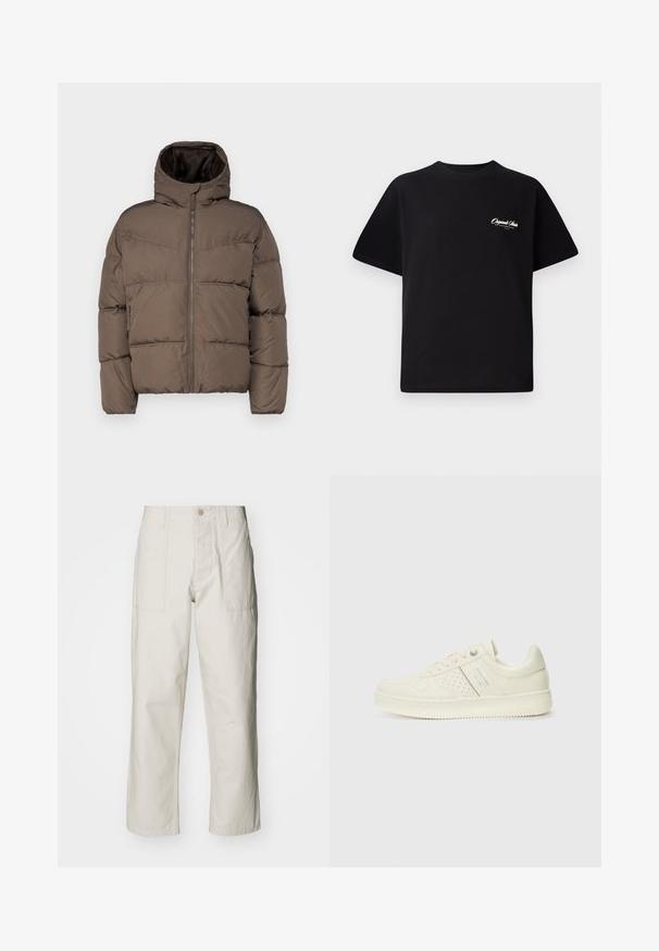 Brun pufferjakke med høy krage, glidelås foran og sidelommer; har quiltede seksjoner og et mykt innerfor.; Svart bomull t-skjorte med rund hals, korte ermer og liten hvit logo-tekst på venstre bryst. Enkel design, klassisk passform.; Lyse beige vide bukser laget av bomull. Har frontlommer og knappelukking. Jevn tekstur med subtile vertikale linjer.; Kremfargede sneakers med perforerte detaljer, snøring og logo på siden, vist mot en enkel hvit bakgrunn.