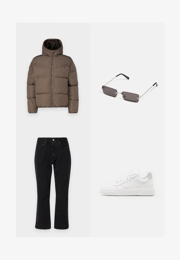 Rjava puhovka z visokim ovratnikom, zadrgo spredaj in stranskimi žepi; vsebuje prešite dele in mehak notranji podložek.; Bela bomba majica iz bombaža z kratkimi rokavi, krožno ovratnikom in rdečim grafičnim besedilom "OKUSNO OSVEŽILNO SADJE" na sprednji strani.; Črne kavbojke iz džinsa z ravnim krojem, petimi žepi in kovinskimi dodatki s bakrenimi akcenti. Gladka tekstura in srednji pas.; Bele usnjene športne copate z gladkim zaključkom, okroglo konico, ravnimi vezalkami in teksturiranim podplatom. Sivi semiš detajl na peti.; Očala za sonce s pravokotnimi, temno sivimi lečami, srebrnimi kovinskimi okvirji in črnimi plastičnimi konicami na ročajih. Lahka zasnova z nosnimi blazinicami.