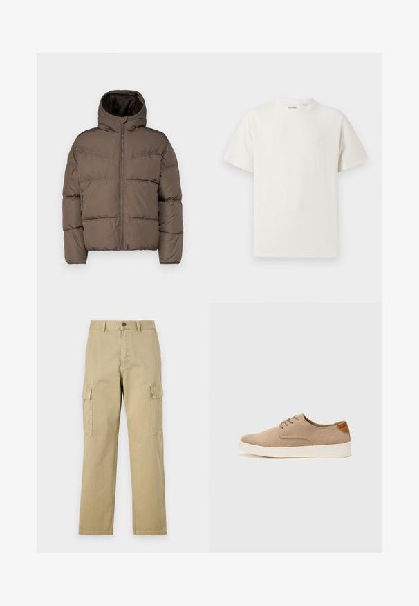 Brown puffer jacket with a high collar, zip front, and side pockets; features quilted sections and a soft inner lining.; White short-sleeve T-shirt in a ribbed texture. Round neckline, relaxed fit, no visible patterns or accents. Simple and versatile design.; Beige cargo pants made of cotton, featuring two side pockets, a button closure, and straight legs with a slightly textured fabric.; Beige suede sneakers with a rounded toe, lace-up front, and a textured back accent. White rubber sole provides contrast. Simple and modern design.