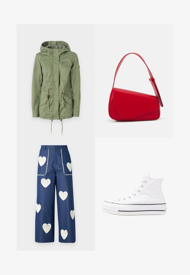 Svetlo zelena jakna z zadrgo spredaj, nastavljivimi vrvicami v pasu in kapuci ter dvema sprednjima žepoma. Gladek material z rahlim leskom.; Cvetna bluzica z dolgimi puff rokavi, svetlo smetanaste barve, s purpurnimi, oranžnimi in zelenimi cvetličnimi vzorci ter klasičnim ovratnikom.; Sister Jane HEART TO HEART - Ravne kavbojke - blue denim; Beli visoki platneni športni čevelj z črnim gumijastim podplatom, sprednjim gumijastim zaščitnikom za prste in šestimi luknjicami za vezalke, ki se ponaša s preprostim, minimalističnim dizajnom.; Rdeča usnjena torba z angularnim, geometrijskim dizajnom. Ima en samostoječ nastavljiv ročaj in pokrov, zaprt z zapiranjem, ki je okrašen s šivi.