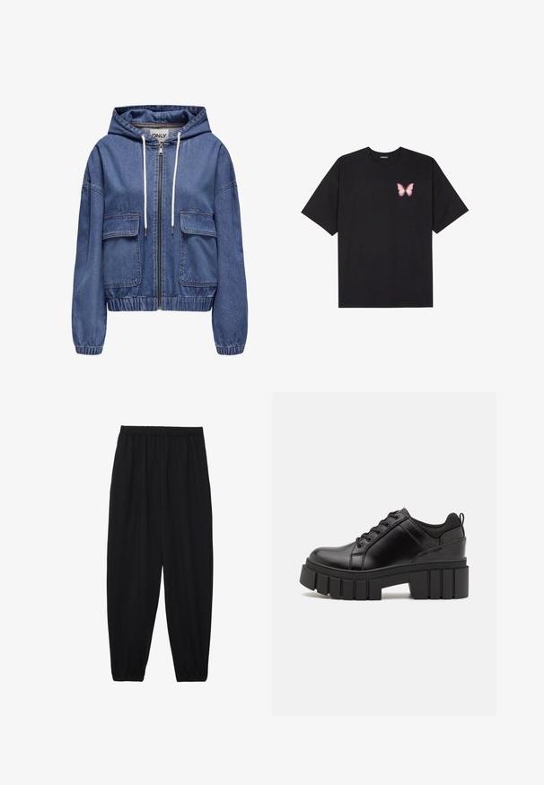 Zila džinsa jakas ar kapuci, aprīkota ar pilnīgu rāvējslēdzēju, divām priekšējām kabatām, elastīgām aprocēm un sašaurināšanas auklu pielāgojamai fitai.; Melna kokvilnas T-krekls ar īsām piedurknēm, kuram priekšā kreisajā pusē ir neliels rozā tauriņa grafiskais attēls. Ar apaļu kaklu un brīvā stila piegriezumu.; Melnas, vieglas bikses ar elastīgu jostu un savilktiem potītiem. Audums ir gluds un to raksturo brīva, sašaurināta forma.; Melnas ādas platformas kurpes ar masīvu bloku papēdi, apaļu purngalu un tradicionālu saistīšanas dizainu. Izceļas ar gludu tekstūru un minimālu apdari.