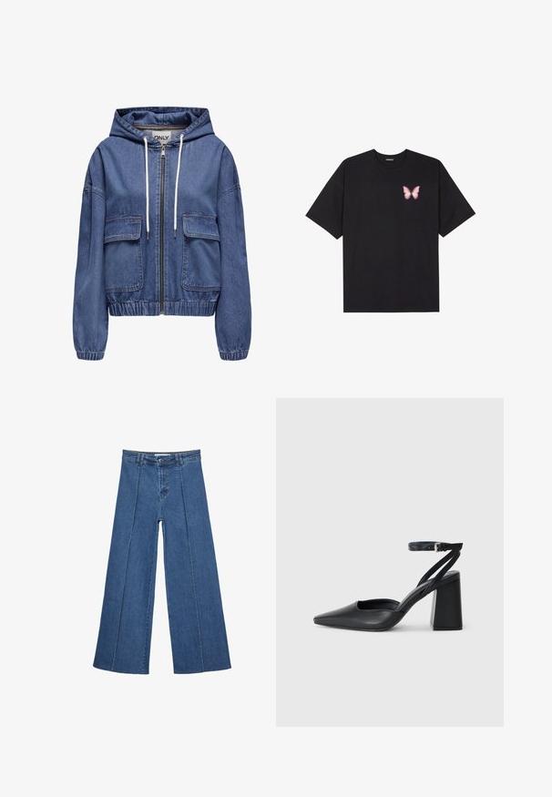 Denim jakna s kapuljačom u plavoj boji, s punim patentnim zatvaračem, dva prednja džepa, elastičnim manžetama i vezicom za prilagodljivu veličinu.; Crna pamučna majica s kratkim rukavima, s malim grafičkim prikazom ružičaste vjetricaste s desne strane na prsima. Dizajn s okruglim izrezom i opuštenim krojem.; Široke traperice u srednje plavoj boji, s visokim strukom, zatvaranjem na dugme i kontrastnim vertikalnim šavovima duž prednje strane.; Crne kožne cipele s špicastim vrhom, remenom oko gležnja i debelim potplatom. Ravna tekstura, elegantan dizajn i minimalistička estetika.