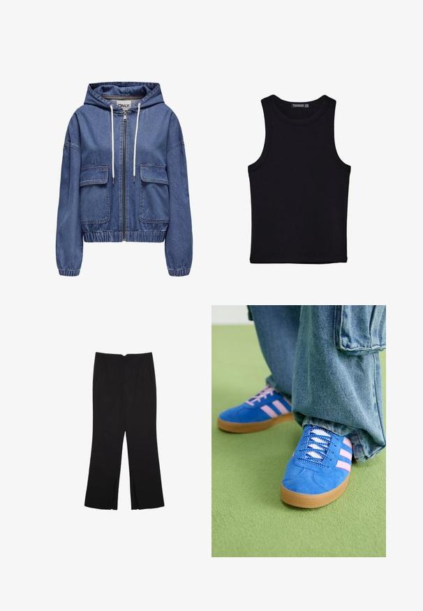 Jeansjacka med huva i blått, har en hel dragkedja, två framfickor, elastiska ärmslut och en dragsnodd för justerbar passform.; Svart linne i bomull, med rund halsringning och breda armhål. Slät yta med sydda fållar. Klassisk, minimalistisk design.; Svarta byxor med rak passform, utrustade med framfickor och sidoklyvningar vid fållen. Tillverkade av mjukt, slätt tyg. Lämpliga för olika tillfällen.; Blå mockaskor med rosa ränder och vita snören, med en sula av gummigummi, kombinerat med lösa denimbyxor på en grön yta.