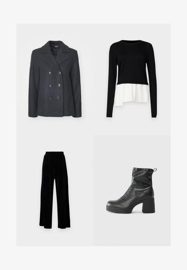 Dunkelgrauer, doppelt gepackter Wollmantel mit großen runden Knöpfen, einem Reverskragen und Seitentaschen; glattes Innenfutter.; Schwarzes langärmeliges Oberteil mit einem kontrastierenden weißen Rüschensaum, rundem Ausschnitt und sanfter Textur. Entworfen mit einem lockeren Schnitt.; Schwarze weit geschnittene Hose aus weichem Samt, mit einem elastischen Bund und einer glatten Textur, ohne sichtbare Details oder Muster.; Schwarze Stiefeletten aus glattem Leder mit seitlichem Reißverschluss, klobigem strukturiertem Absatz und runder Zehenform.