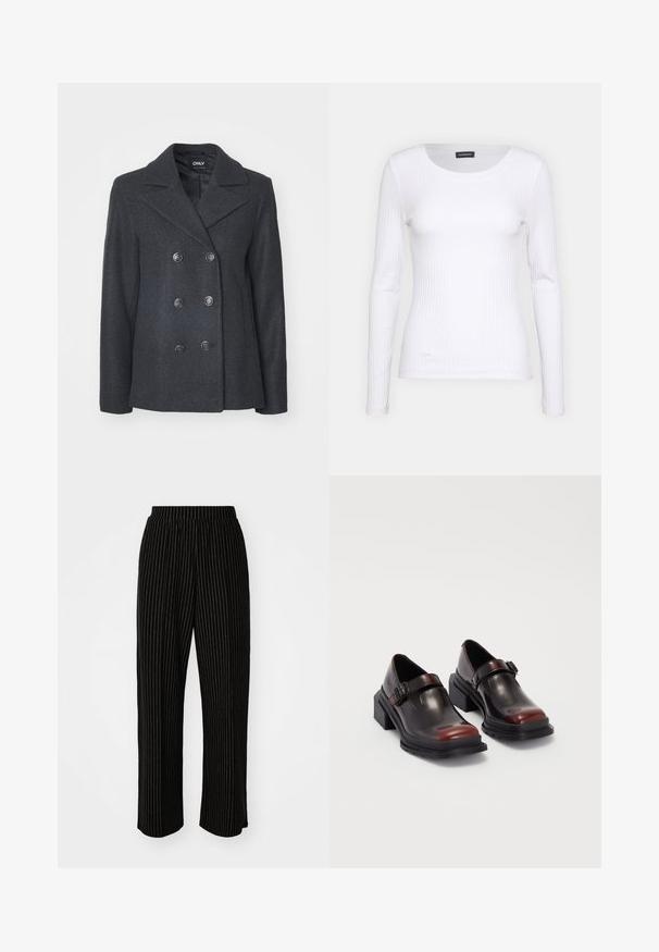 Casaco de lã cinza-escuro de duplo peito com grandes botões redondos, colarinho indentado e bolsos laterais; forro interior suave.; Top branco canelado de mangas longas com um decote redondo. Feito de um tecido elástico que se ajusta ao corpo. Apresenta linhas horizontais sutis.; Calças largas e pretas com riscas verticais brancas, apresentando uma cintura elástica para conforto e uma textura suave e macia.; Sapatos de tacão bloco em couro com acabamento brilhante em bordeaux escuro, apresentando uma tira com fivela e design de bico arredondado. Sola texturizada para melhor aderência.