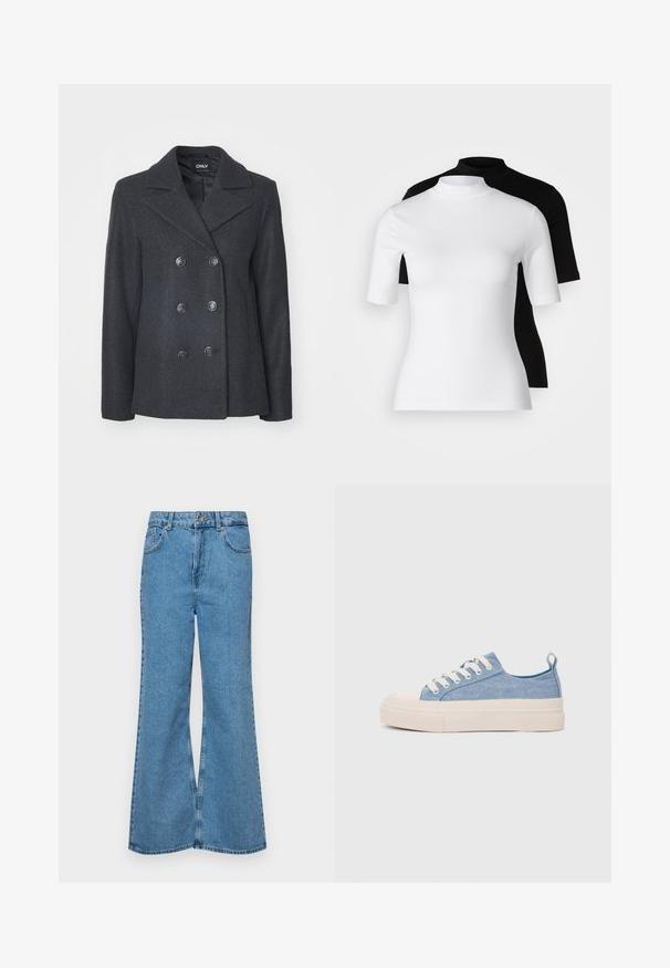 Sötét szürke, dupla soros gyapjú kabát, nagy kerek gombokkal, cakkos gallérral és oldalsó zsebekkel; sima belső béléssel.; Két darabból álló, testhezálló garbó felső szett fehér és fekete színben. Rövid ujjú, sima pamut anyagból készült, szorosan illeszkedő fazonnal. Nincsenek minták vagy grafikák.; Világoskék, trapézszárú farmernadrág, magas derékkal, öt zsebbel és egy gombos záródással. Puha tapintású, magasított effektusú anyag.; Világoskék vászon sportcipők, krémszínű gumitippel és talppal, fehér fűzőkkel és egy húzófüllel a sarkán.