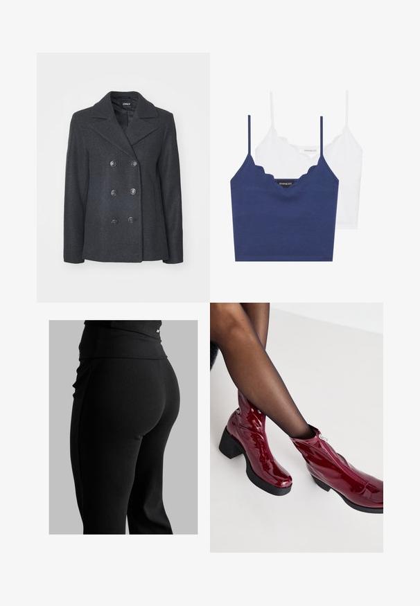 Tamsiai pilkas dvigubai užsegamas vilnonis paltas su dideliais apvaliais mygtukais, apykakle su įpjovomis ir šoninėmis kišenėmis; lygus vidinis pamušalas.; Tamsiai mėlynas ir baltas medvilninis braletės komplektas su banguotu iškirpimu, plonomis reguliuojamomis petnešėlėmis ir prigludusia siluetu. Logotipo etiketė vidinėje tamsiai mėlynos dalies pusėje.; Juodos su veliūro raštuodžiais antblauzdžiai su aukšta juosmens juostele, prilimpa prie kūno ir turi lygų paviršių. Juosmens juostoje yra subtili detalė.; Raudoni lakiniai kulkšniniai batai su masyviu juodu kulnu ir užtrauktuko detale. Lygi tekstūra, elegantiškas dizainas su apvalia nosimi.