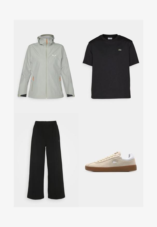 Light grey waterproof jacket with a hood, featuring orange zipper pulls, black accents at the cuffs, and a reflective logo on the chest.; Black cotton t-shirt with a round neckline, short sleeves, and a small green embroidered logo on the left chest. Simple design.; Black wide-leg pants with an elastic waistband. Made from a soft, lightweight material. Features vertical seams along the front.; Beige suede sneakers with a white leather heel and rubber gum sole. Features laces and a crocodile logo on the side. Simple design.
