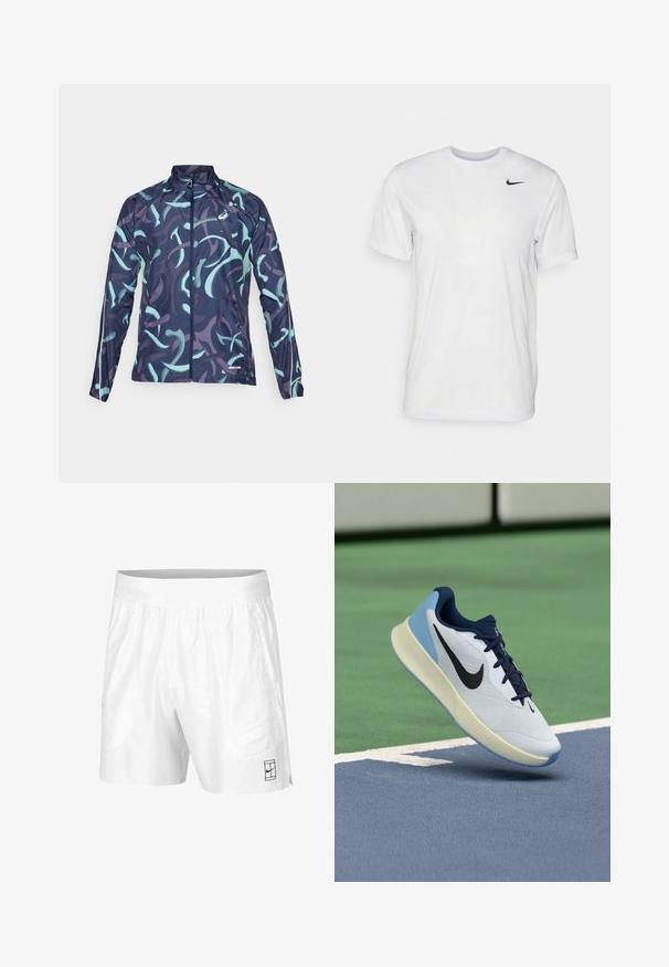 Ελαφρύ μπουφάν με ναυτικό μπλε βάση, διακοσμημένο με στροβιλιζόμενα σχέδια σε μέντα και μωβ χρώματα. Περιλαμβάνει ψηλό γιακά και κλείσιμο με φερμουάρ μπροστά.; Λευκό κοντομάνικο T-shirt από απαλό ύφασμα. Διαθέτει στρογγυλή λαιμόκοψη και ένα μικρό μαύρο λογότυπο Nike στο αριστερό στήθος.; Λευκοί αθλητικοί σορτς από ελαφρύ ύφασμα με ελαστική μέση, διαθέτοντας δύο πλαϊνές τσέπες και ένα μικρό μαύρο λογότυπο στο στρίφωμα.; Λευκό αθλητικό παπούτσι με ναυτικές λεπτομέρειες, αναπνεύσιμο άνω μέρος, υφασμένο πέλμα και ανοιχτό μπλε τακούνι, με κομψό, σύγχρονο σχέδιο.