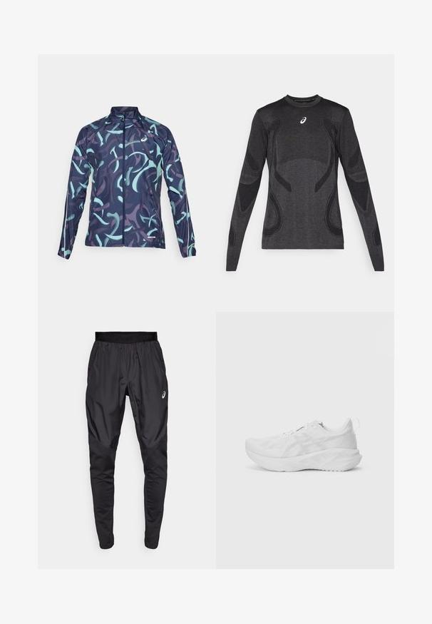 Giacca leggera con base blu navy, caratterizzata da motivi a spirale in menta e viola. Include un colletto alto e una chiusura con zip frontale.; Maglia sportiva a maniche lunghe in grigio scuro, con dettagli di design testurizzati in un grigio più chiaro. Collo a giro con logo sul petto.; Pantaloni sportivi neri con una cintura elastica, tasche laterali e pannelli di texture a contrasto sulle gambe. Logo Asics sull'anca.; Scarpa sportiva bianca con tomaia in mesh testurizzato, imbottitura innovativa, suola curvata e linguetta sul tallone per facilitarne l'indossamento.